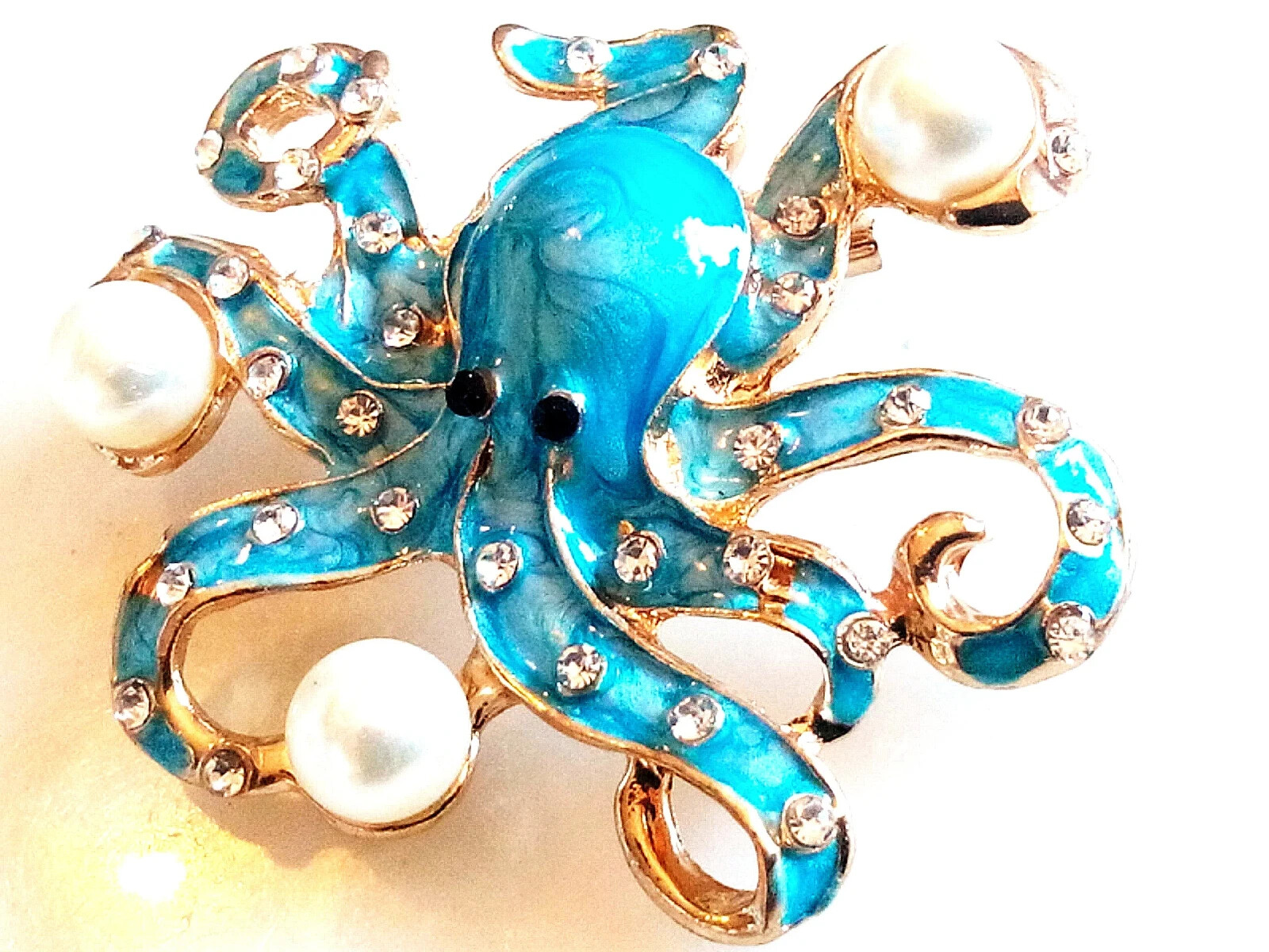 ENAMELED OCTOPUS BROOCH/PENDANT!Blue Enameled, Clear Crystals, Imitation Pearls