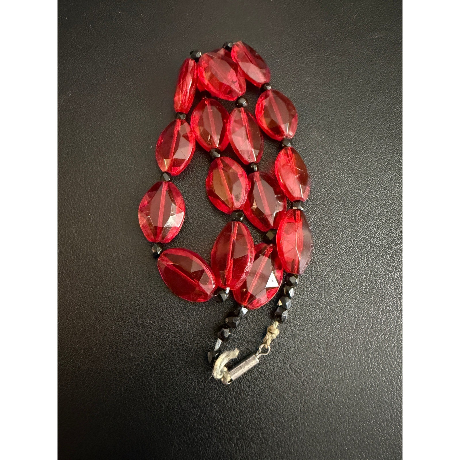 Vintage Glass Bead Necklace Red Black Faceted Oval Statement
