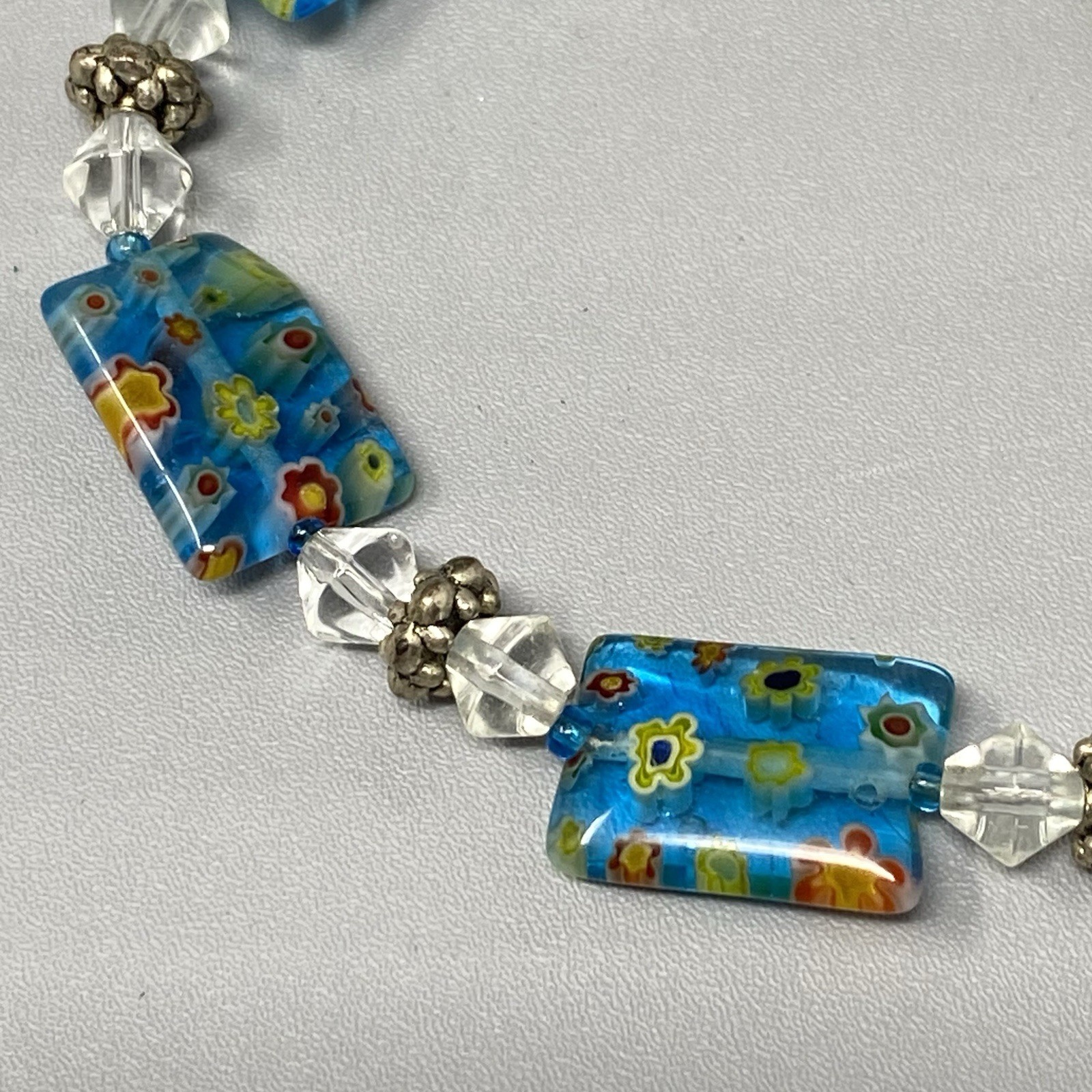 Millefiori Glass Bead Bracelet Blue Multicolor Flowers Clear Bicone Crystals 7.5