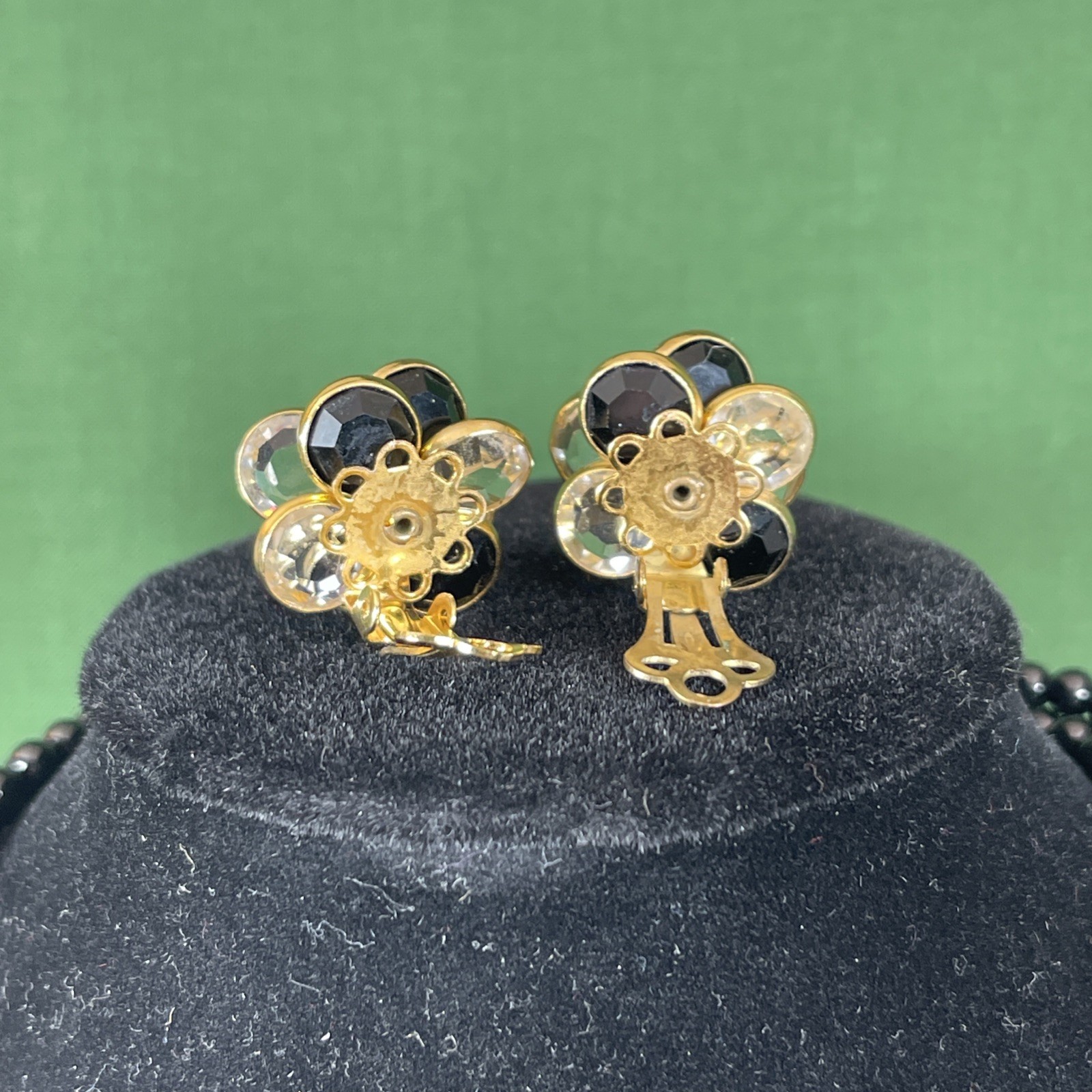 USA Made Austrian Crystal Black Gold Tone Rice Pearls Jewelry 4 Piece Parure Set