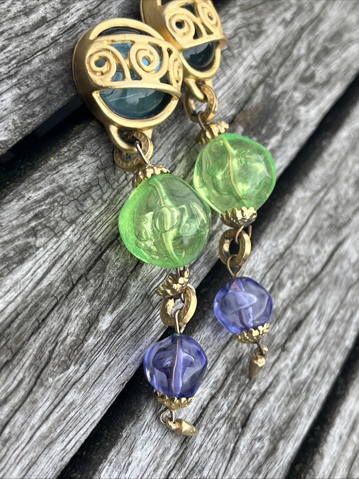 Vintage 1980s Artisan Drop Post Earrings Multi Colored Metal Work Gold Tone
