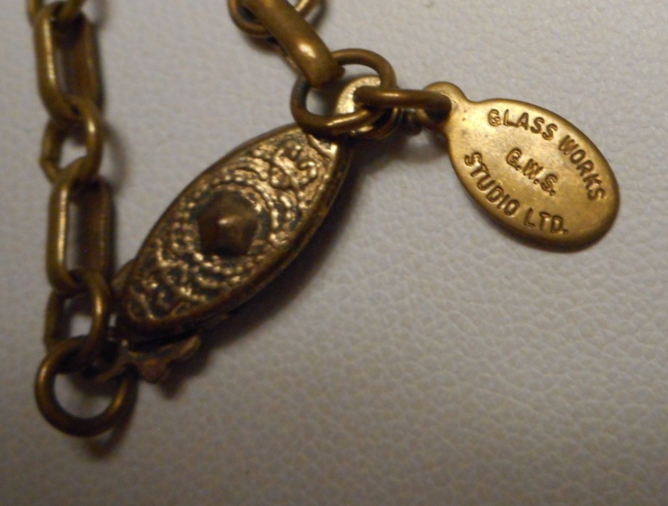 Vintage Glass Works Studio Brass Chain Necklace w 19 assorted Charms 30″ L