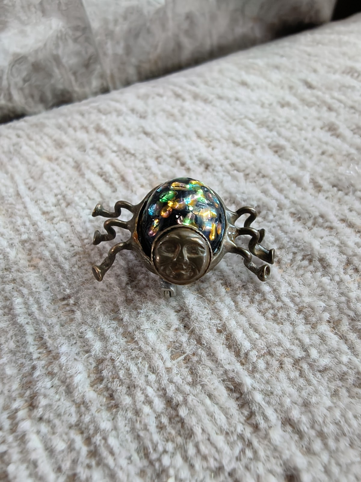 Kirslis Vintage Insect Bug with Whimsical Face Brooch Pin, Venetian Glass
