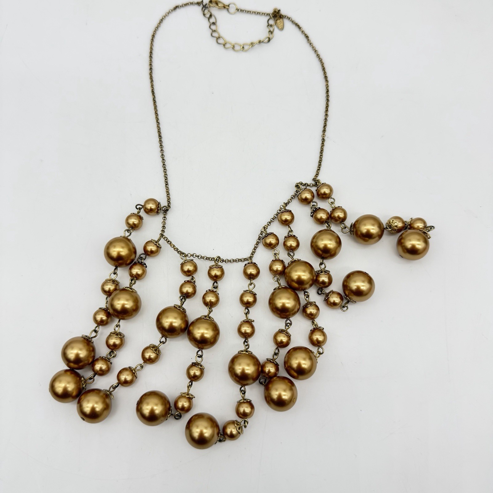 Fringe Necklace Ball Chain Dangle Tassel Gold Tone Pearly Glass Bead Heavy Large