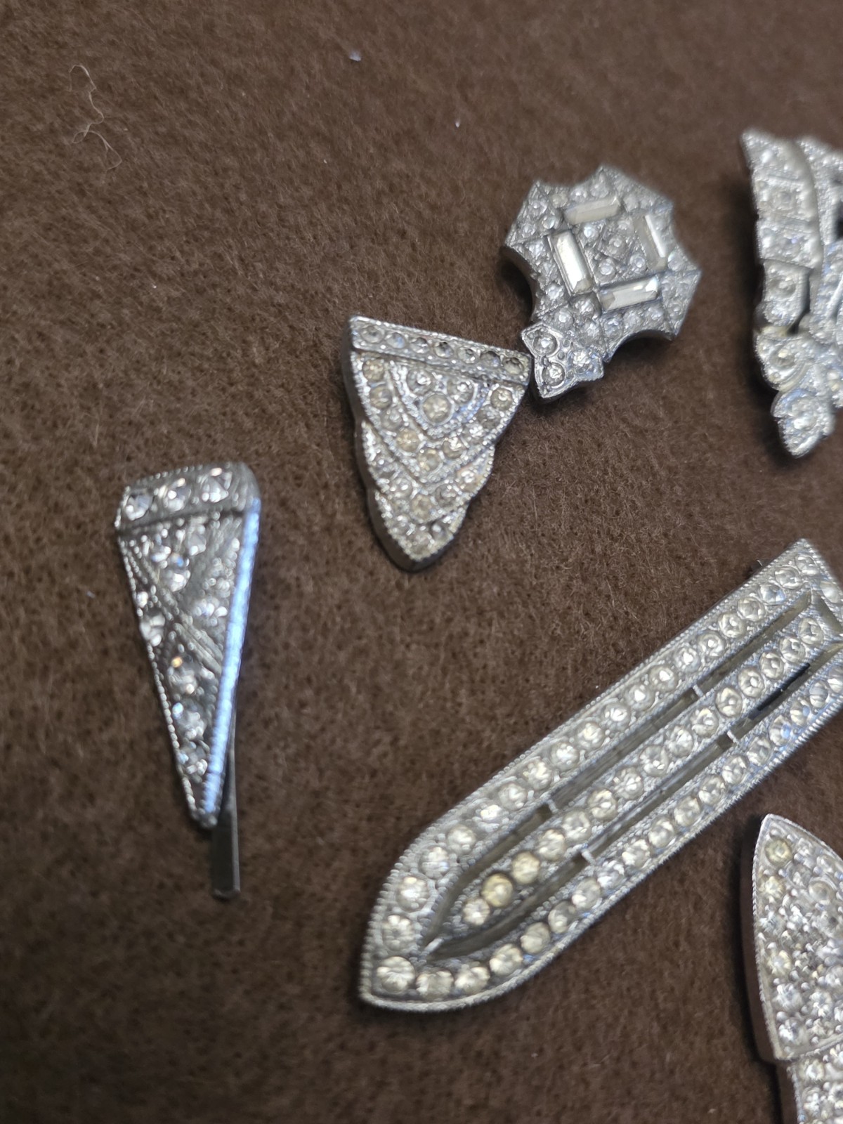 Vintage Art Deco Dress Clip Set (9) Rhinestone 30s Geometric Silver Tone