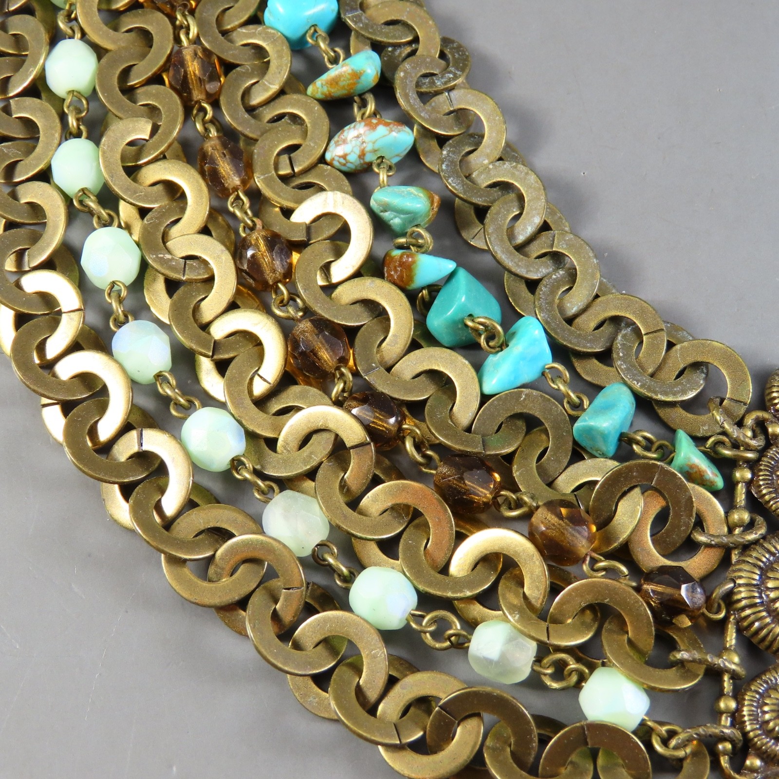 VTG Satellite Beaded Necklace BRONZE TONE Turquoise AGATE PENDANT Blue Brown