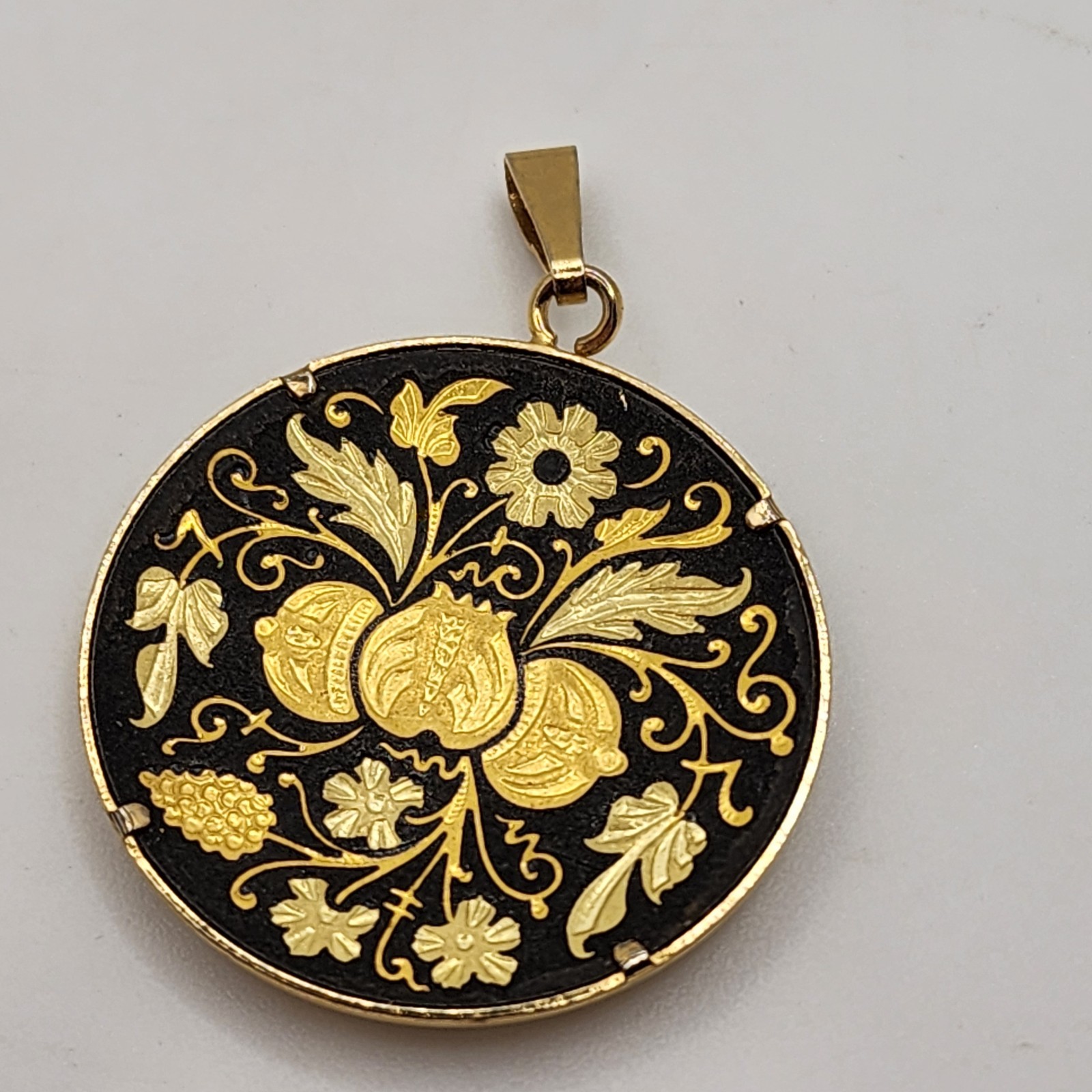 Vintage Spanish Damescene Necklace Pendant Flowers Fruit Black Gold Tone Lg 1.5