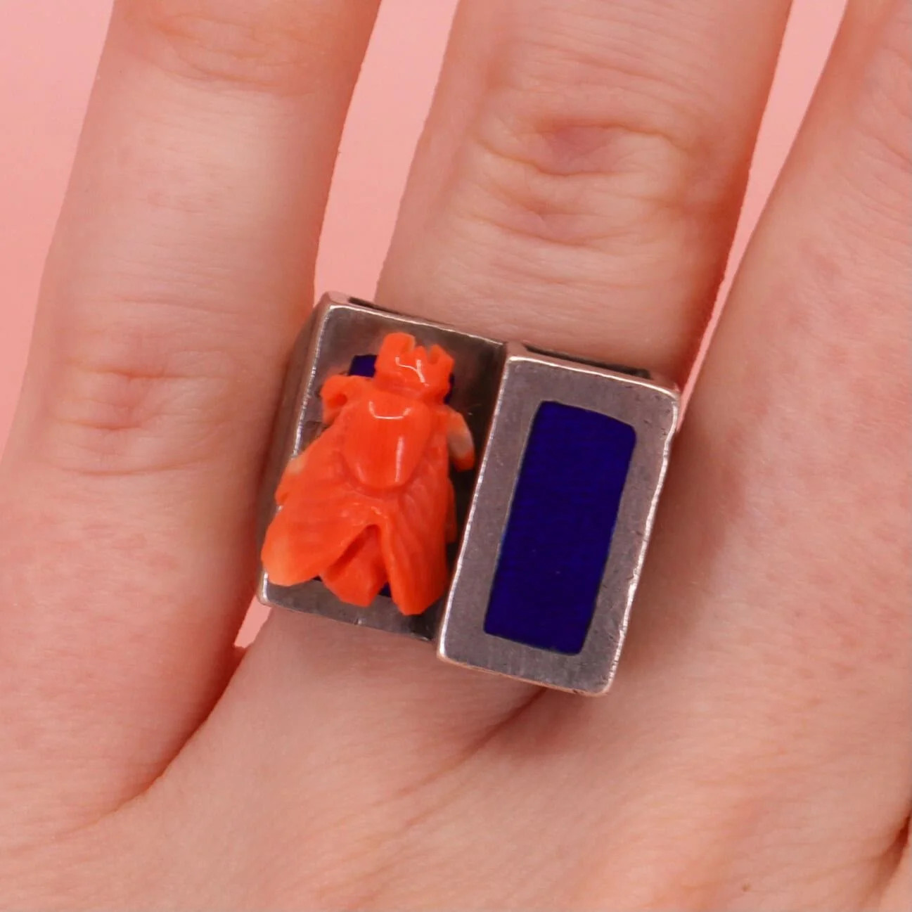 By Danilova, Japanese Satsuma Momo Coral 1.3cm Cameo, Silver Enamel Ring, Size L