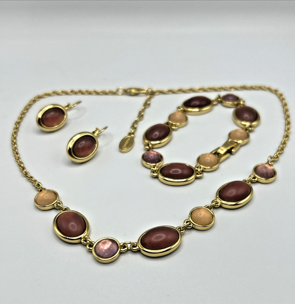 CONTESSA Gold Tone Muted Pink Cabochon Parure Necklace Bracelet Earrings Signed