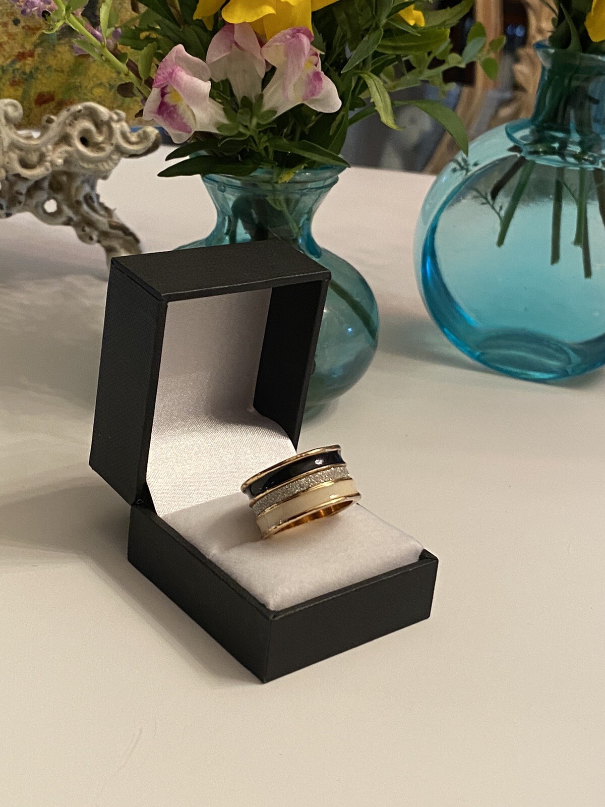 Vintage Enamel Paved Crystal Wide Band Ring