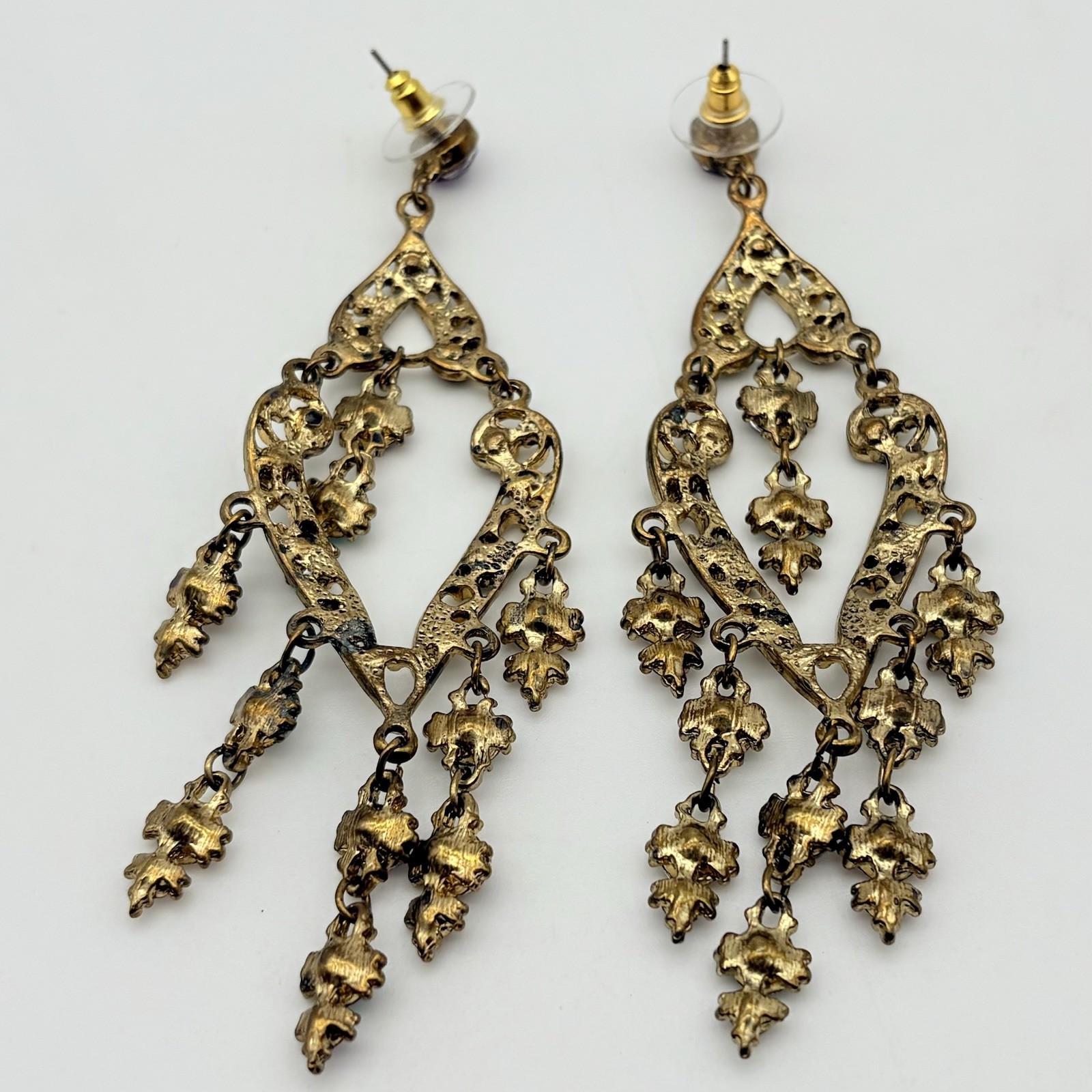 Long Vintage Dangle Drop Post Gold Tone Earrings Teal Purple Brown Rhinestones