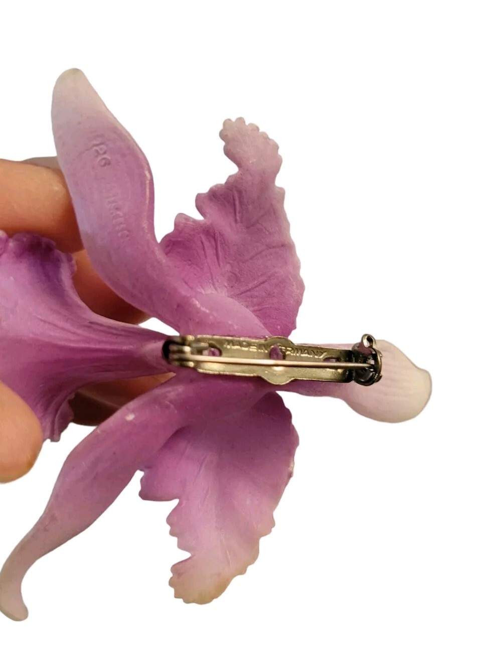Vintage Acrylic Orchid Brooch With Pearl Purple Germany 2.5″