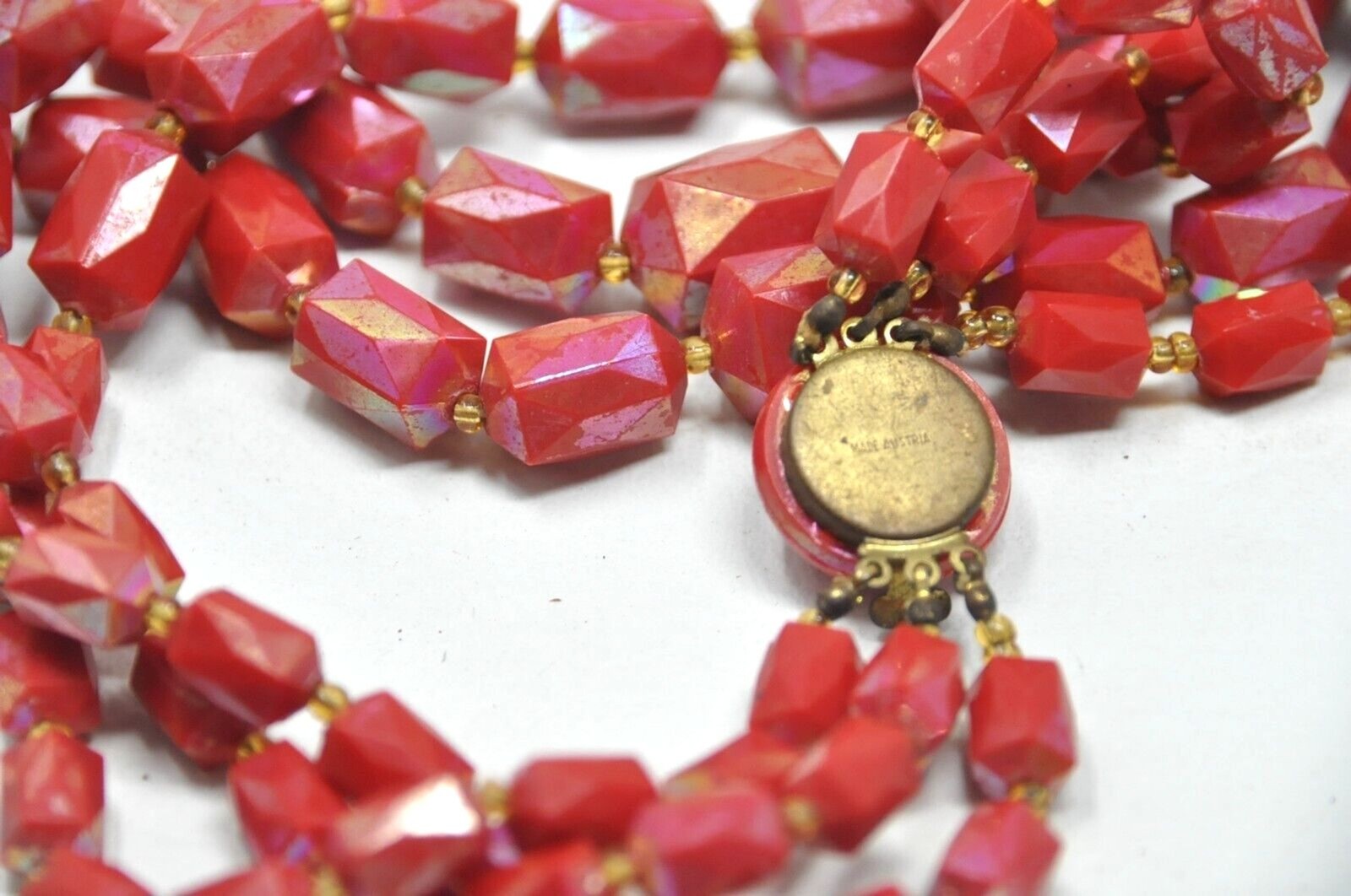 Vintage Austria Red Iridescent Triple 3 Strand Faceted Beaded Necklace