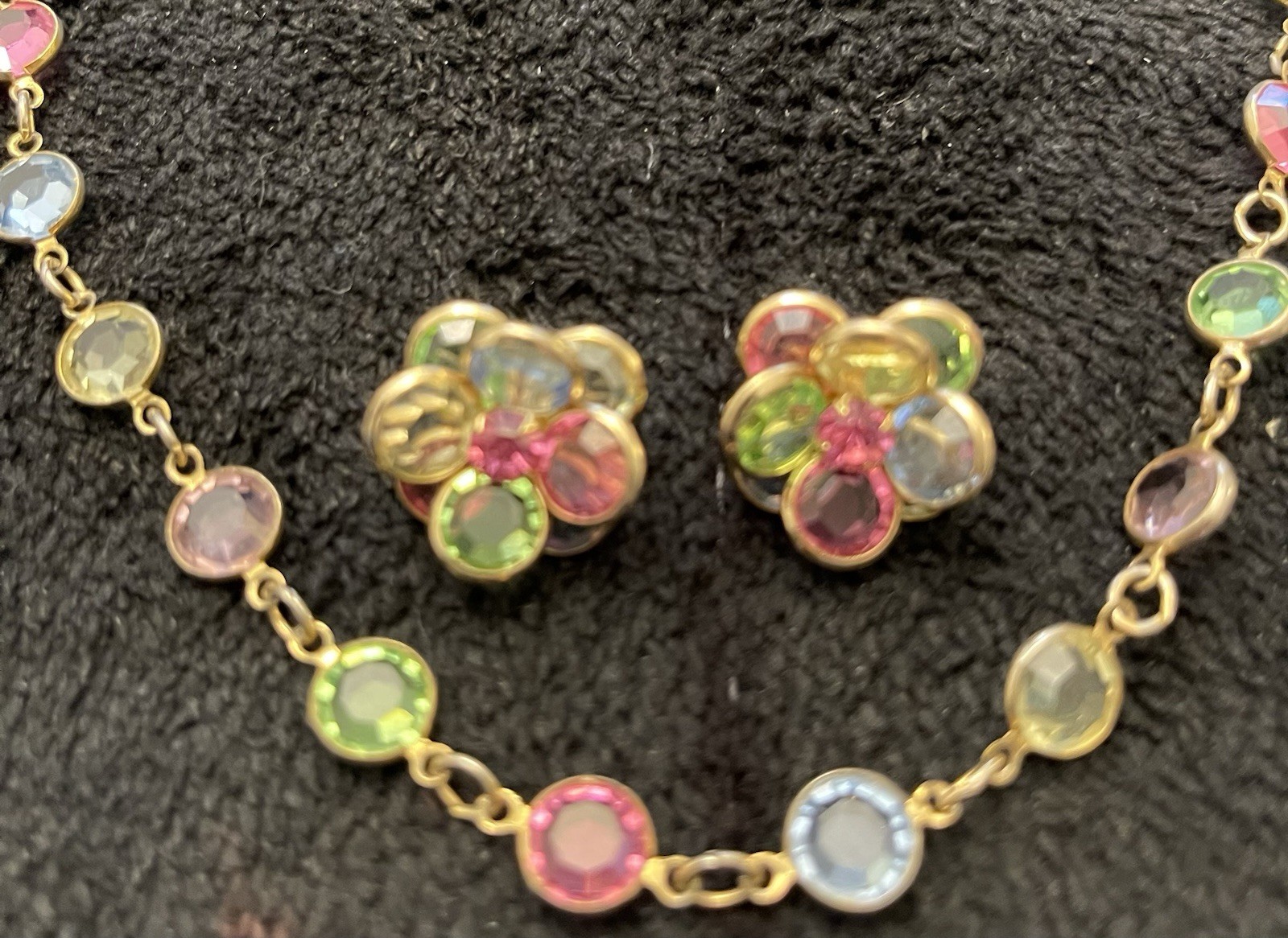 Austrian Crystal USA 36” Necklace, Earrings Open Bezel Multi-Color Gold Tone Vtg