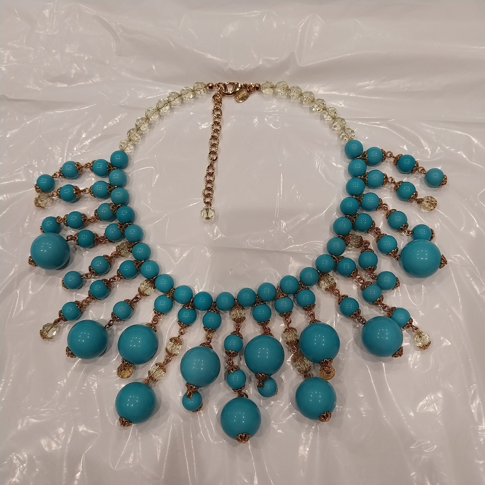 Vtg Joan Rivers Turquiose Beaded Fringe Statement Bib Necklace Gold Tone