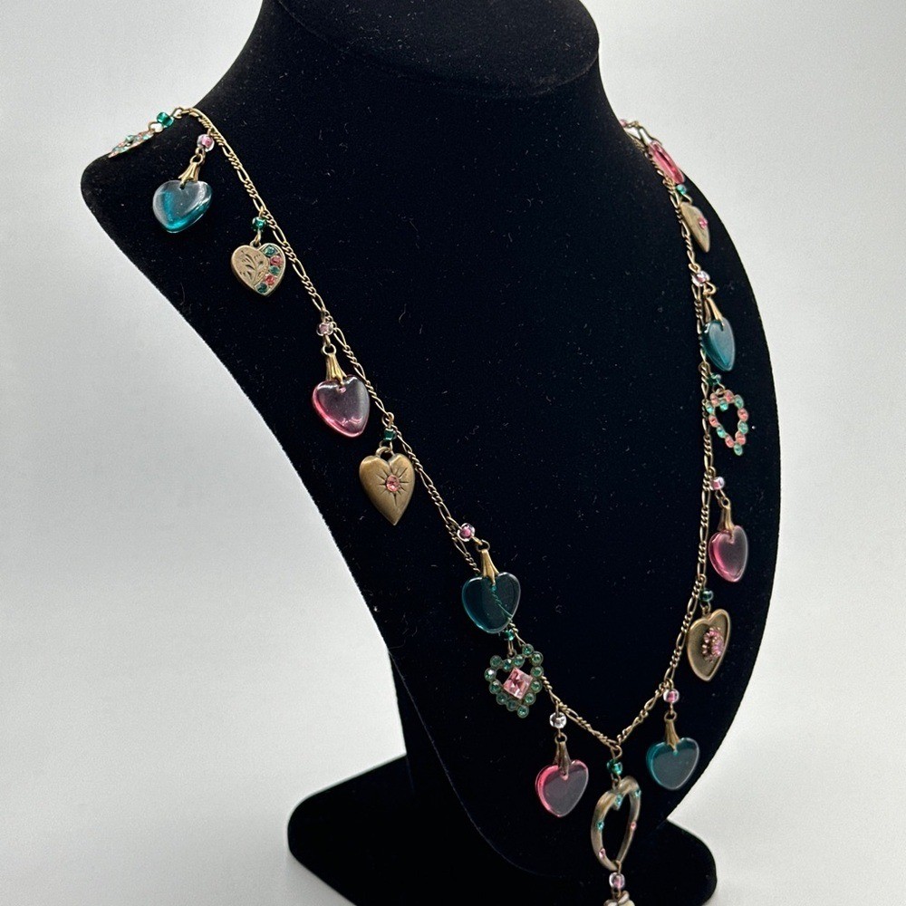 Vtg Glass Works Studio Necklace Enamel Heart Charm Long pink Blue 31″ Long #546