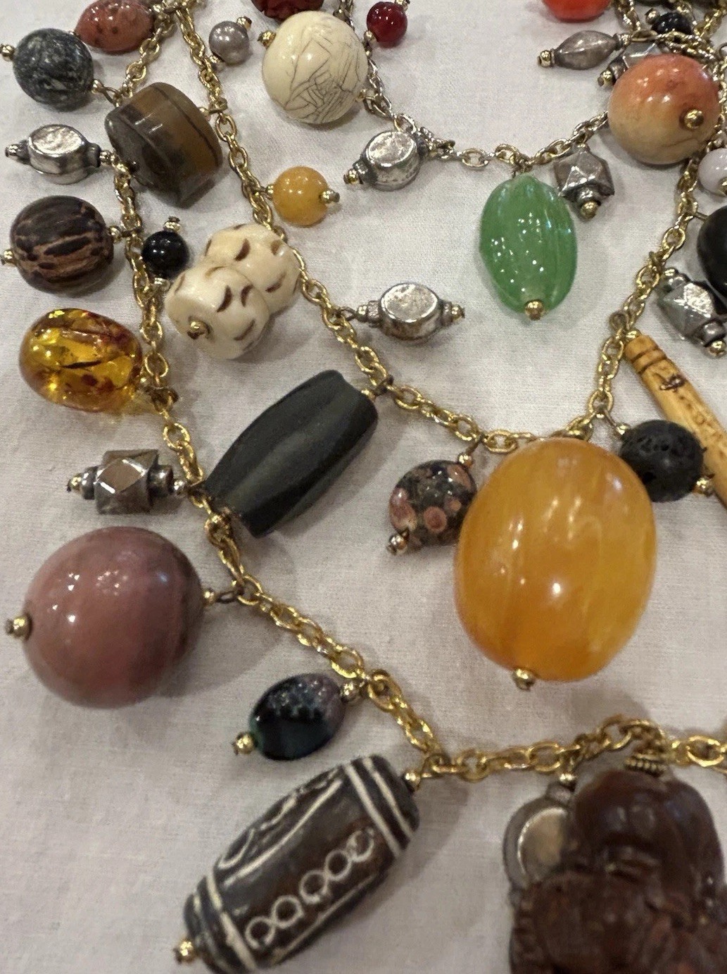 Vtg Asian-Themed Mixed Material 3-Strand Charm Necklace w/Carved Wood Buddha 28”