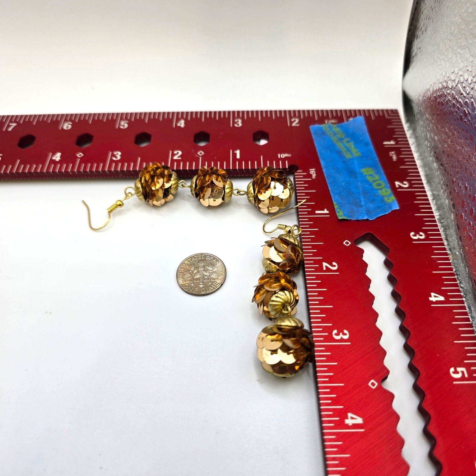 Pierced Earrings Vintage Sequins Gold Tone Three Tier Ball Dangle Retro Fashion
