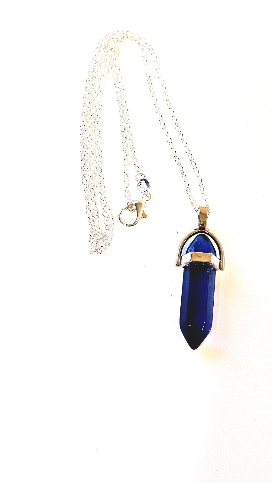 Blue Crystal Quartz Bullet Point Pendant Necklace on 24′ Silver Chain