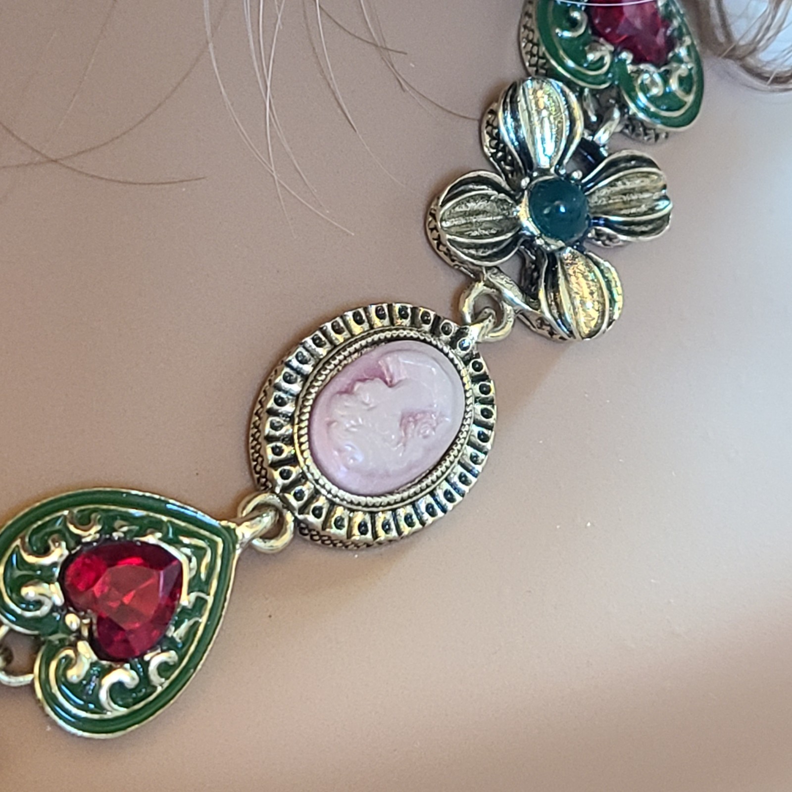 Romantic Victorian Style Enamel Red Rhinestone Heart Pink Faux Cameo Choker 17.5