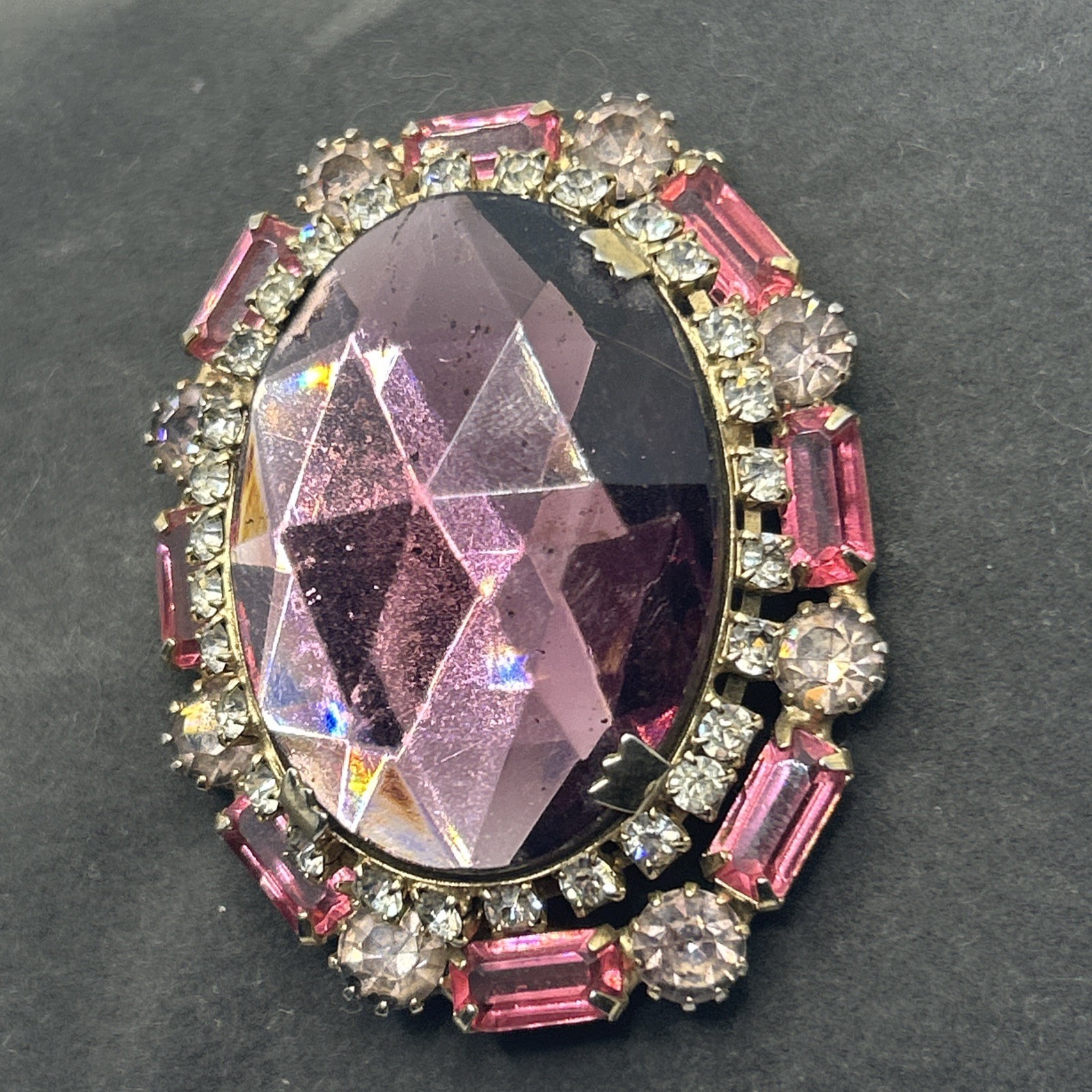 Large Pink/White Set Rhinestone Purple Crystal Solitaire Gold Brass Pin Brooch