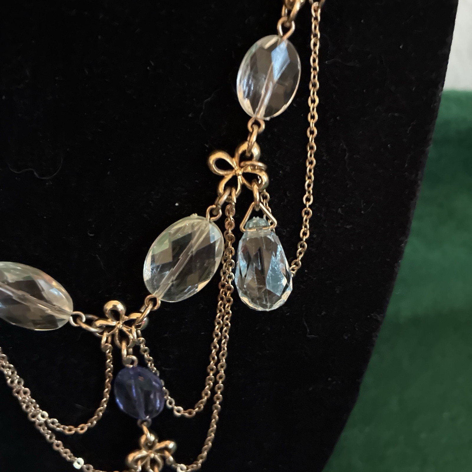 Edwardian Revival Gold Tone Necklace Ice Blue Faceted Teardrop Crystals Dangle
