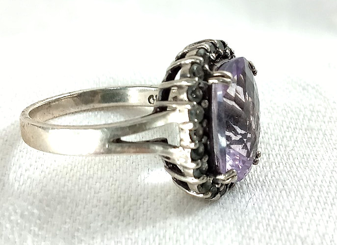 Vintage 925 Sterling Silver RING Cushion Faceted Amethyst Stone CZ Halo 9.5 – 10