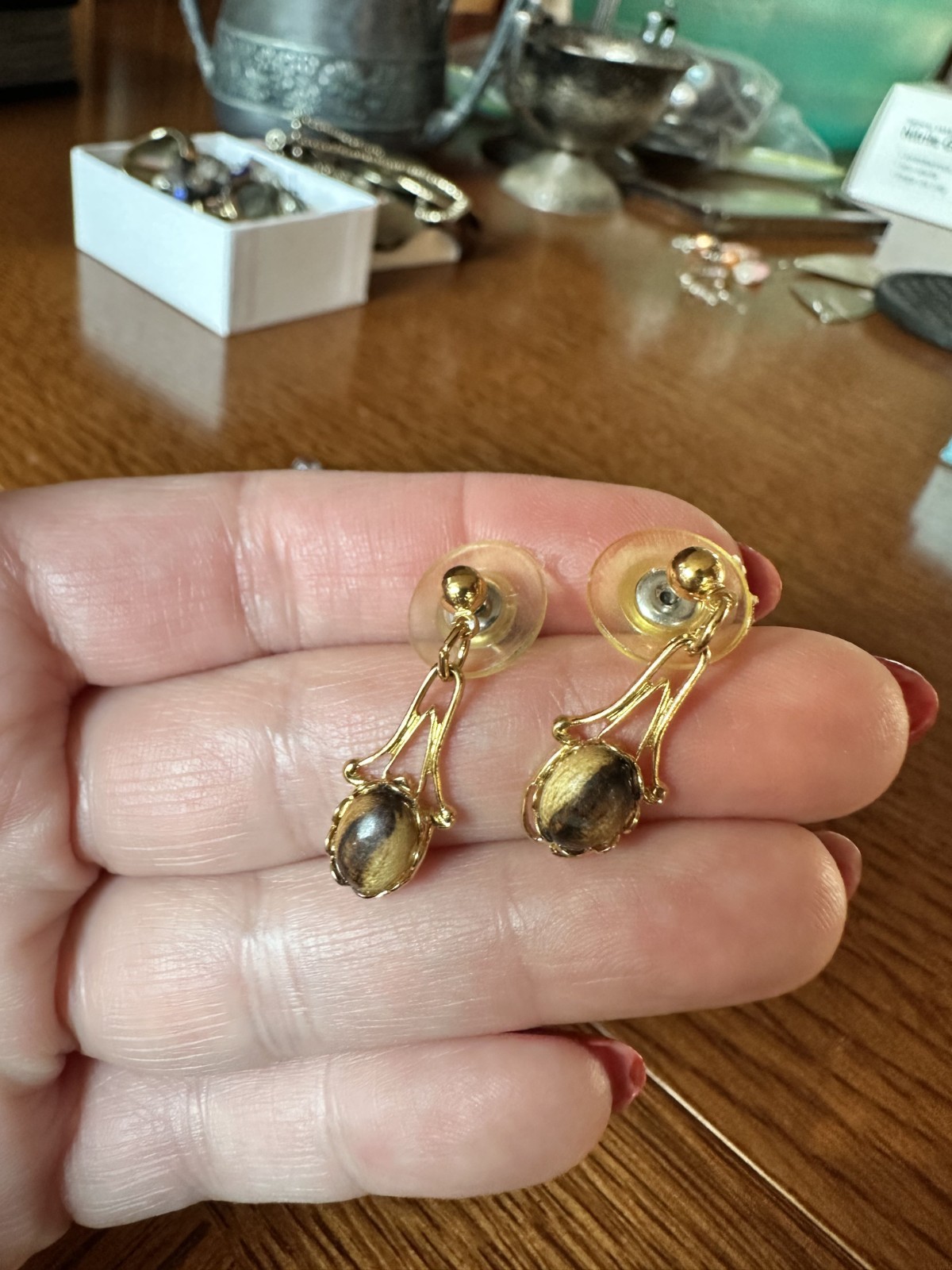 Polished Wood Cabochons in Gold Tone setting VERY LIGHT WEIGHT