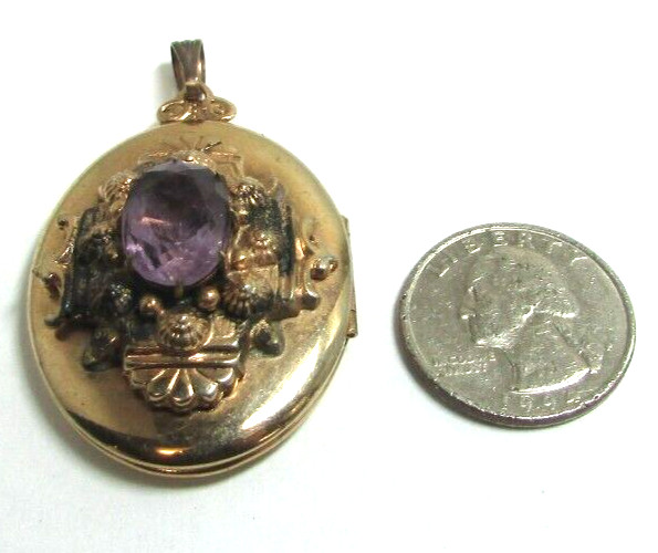 Vintage Art Deco Unmarked Gold Filled Oval Purple Stone Locket Pendant