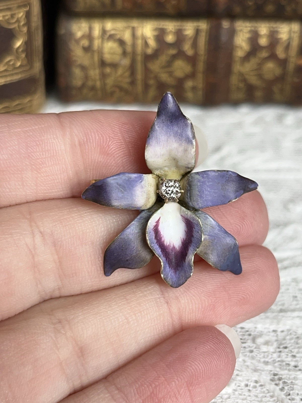 Antique Art Nouveau 14k Purple Enamel Diamond Orchid Brooch Pendant Original Box