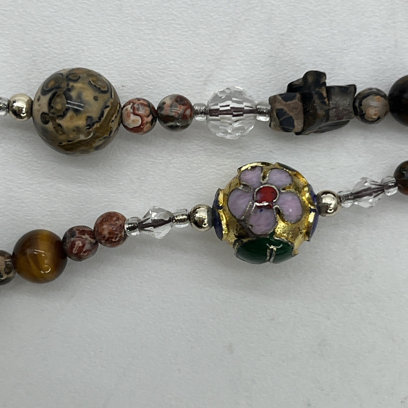 Chinese Carved Stone Pendant With Cloisonné Jasper Tiger Eye Beads Necklace 30”