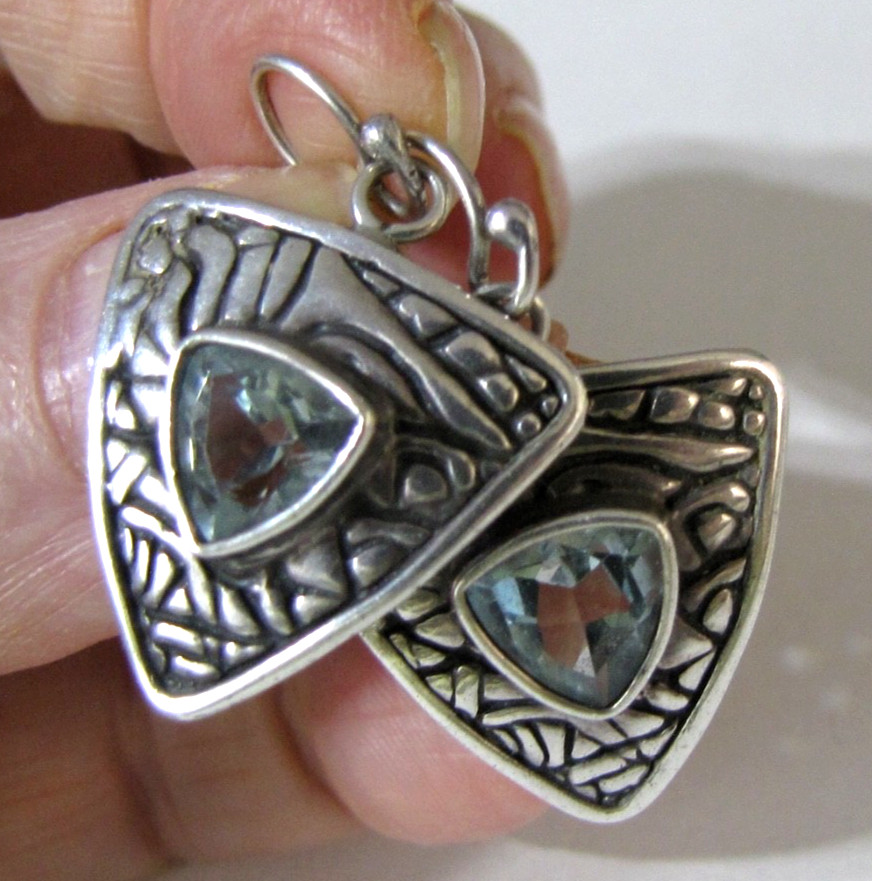 Vintage Sterling Silver Trillion Blue Topaz Tribal Shield Earrings Signed DC 925