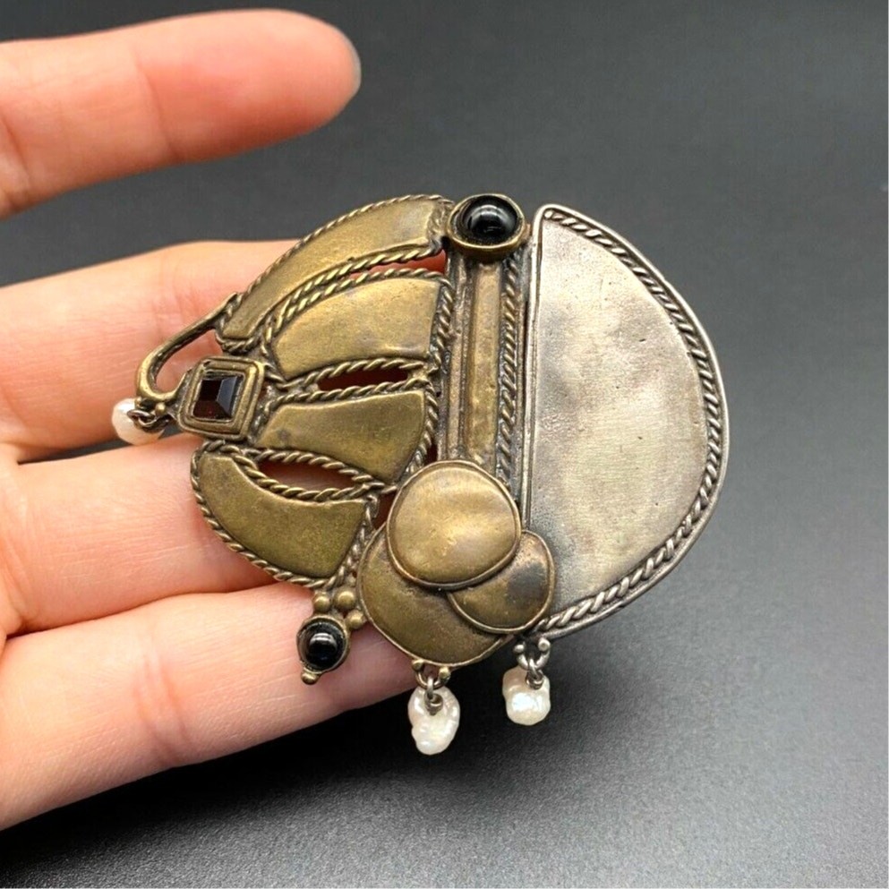 Vintage Modernist Abstract Pearl Mixed Metal Sterling Silver Brass Pin Brooch