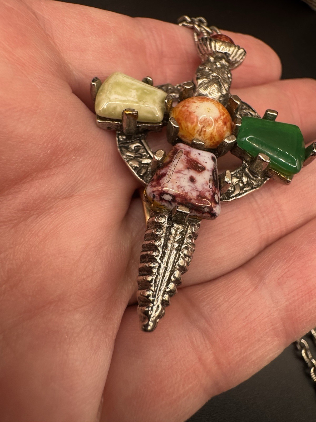 VTG Celtic Scottish Cross Pendant Necklace Multicolor Glass Stones 22″ inch
