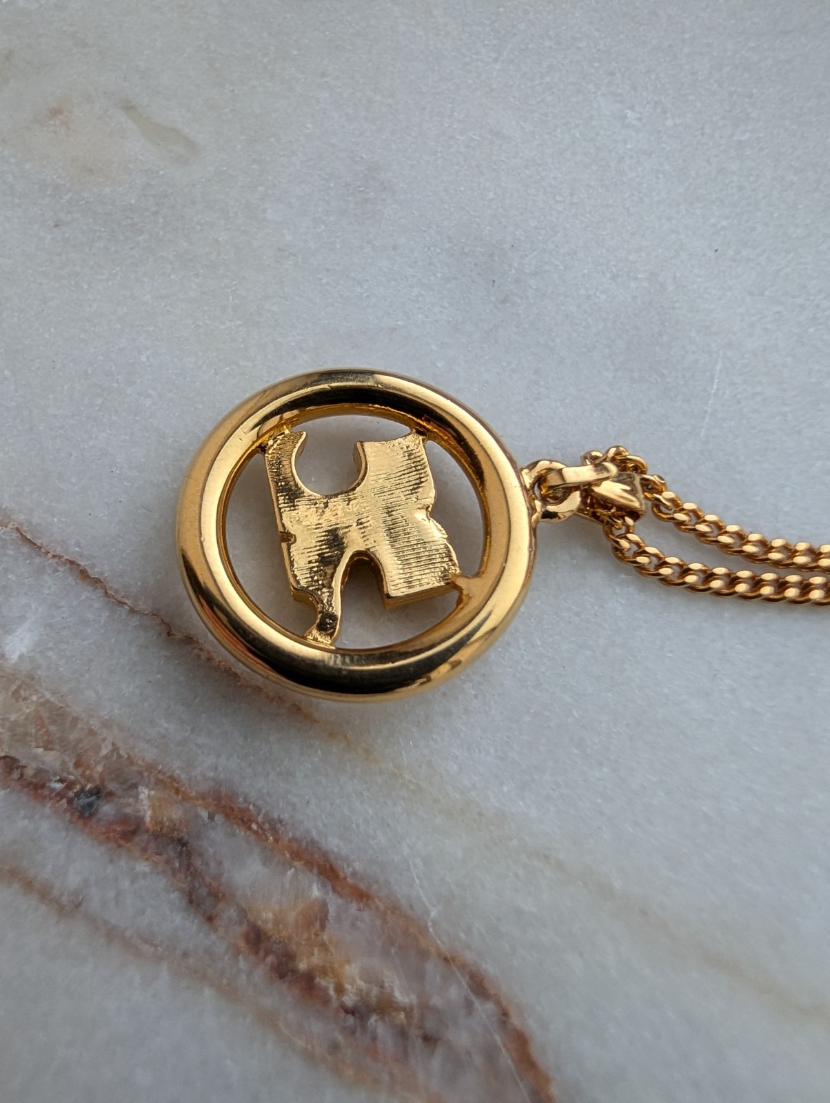Vintage Courrèges Gold-Plated Circular “AC” Logo Pendant Necklace