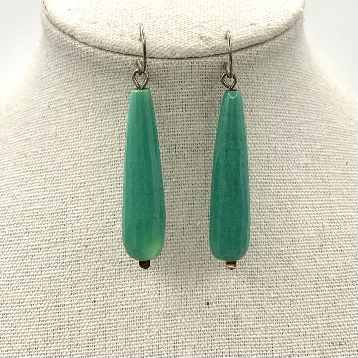 Vintage Sterling Silver Gemstone Earrings Long Drop Dangle Aqua Green Art Deco