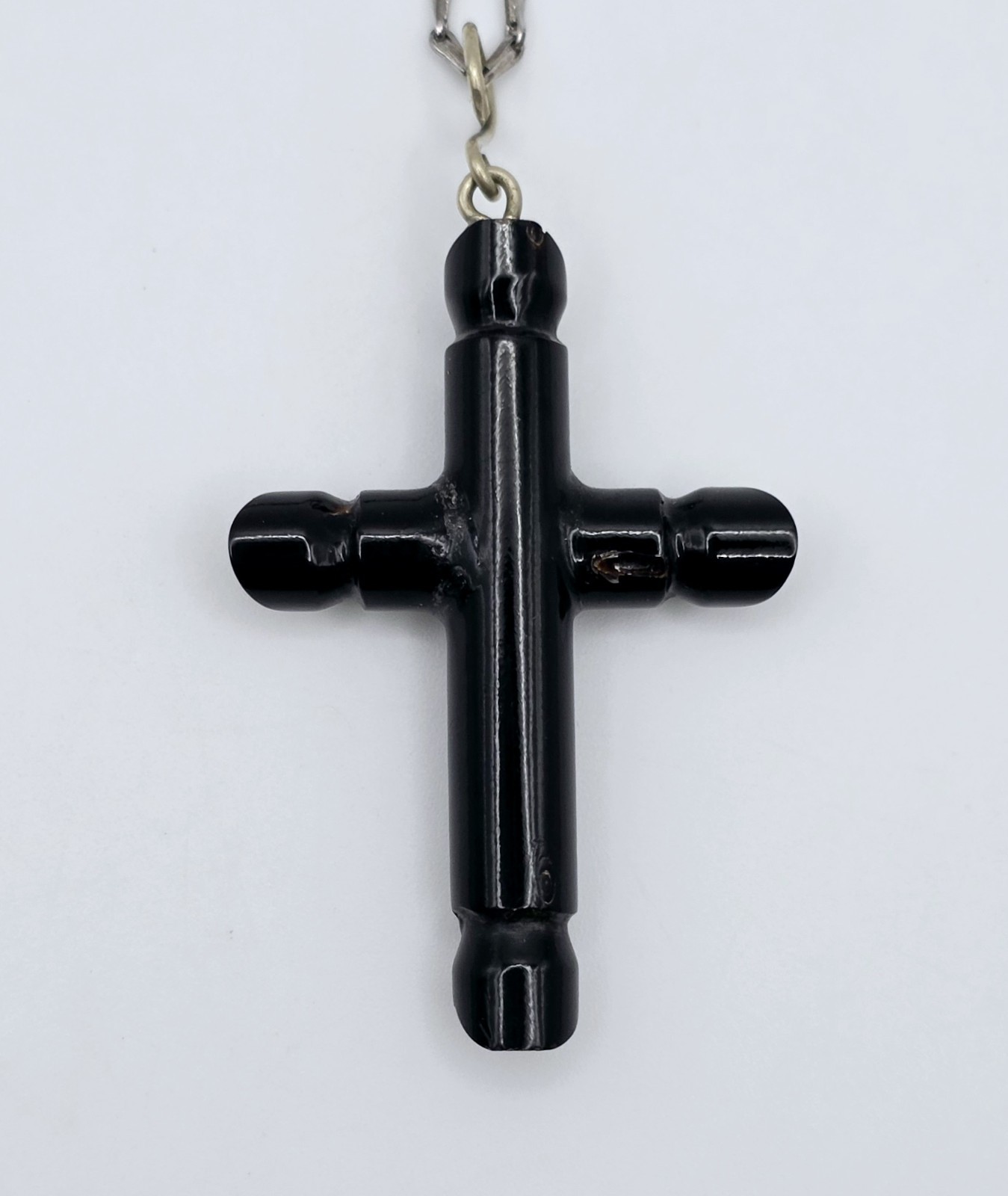 Vtg 70s Mexican Black Coral Cross Pendant Necklace Hand Carved Boho Artisan