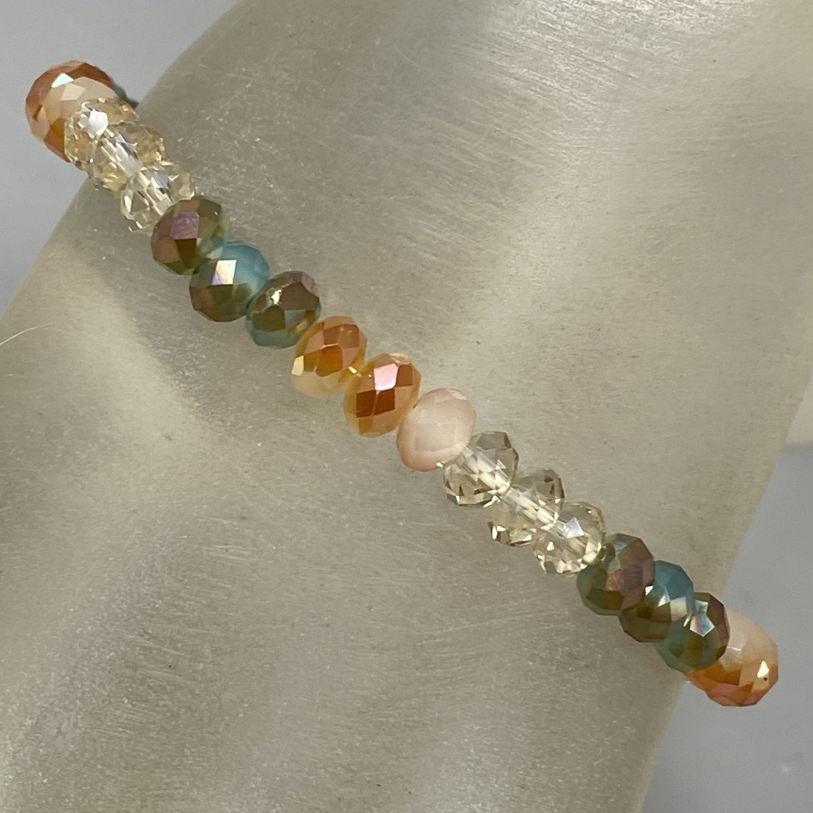 Glass Beaded Bracelet Blue Brown Clear Fire Polished Faceted Stretch Elastic 7″