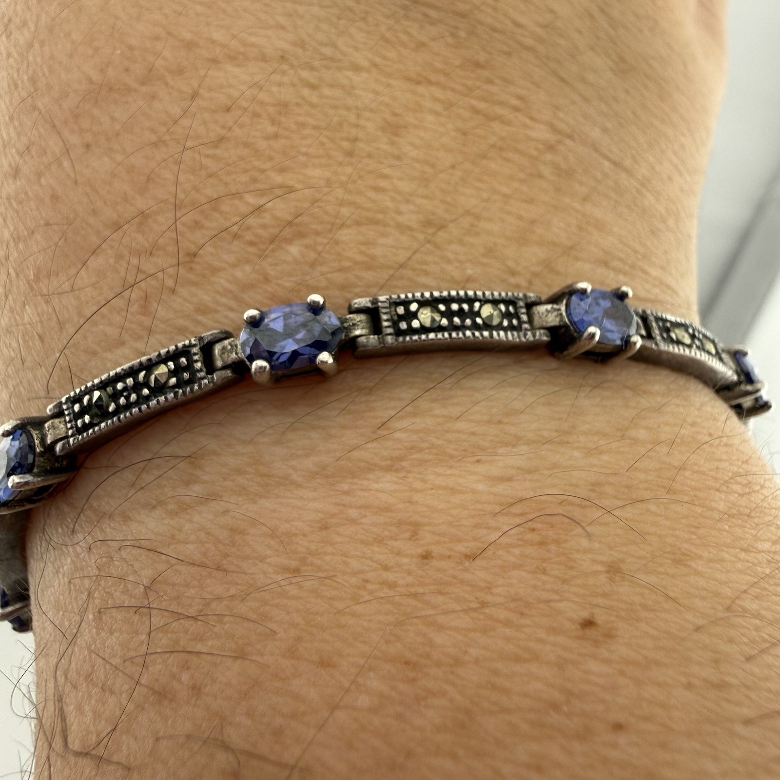 Vintage 925 CW Sterling Bracelet Blue Stones Marcasite 7.5” 13.36g