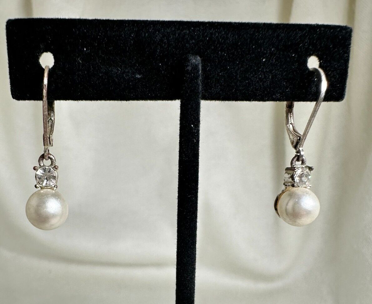 White Faux Pearl Dangle Earrings with Round CZ – Silver Tone Leverback – 1″