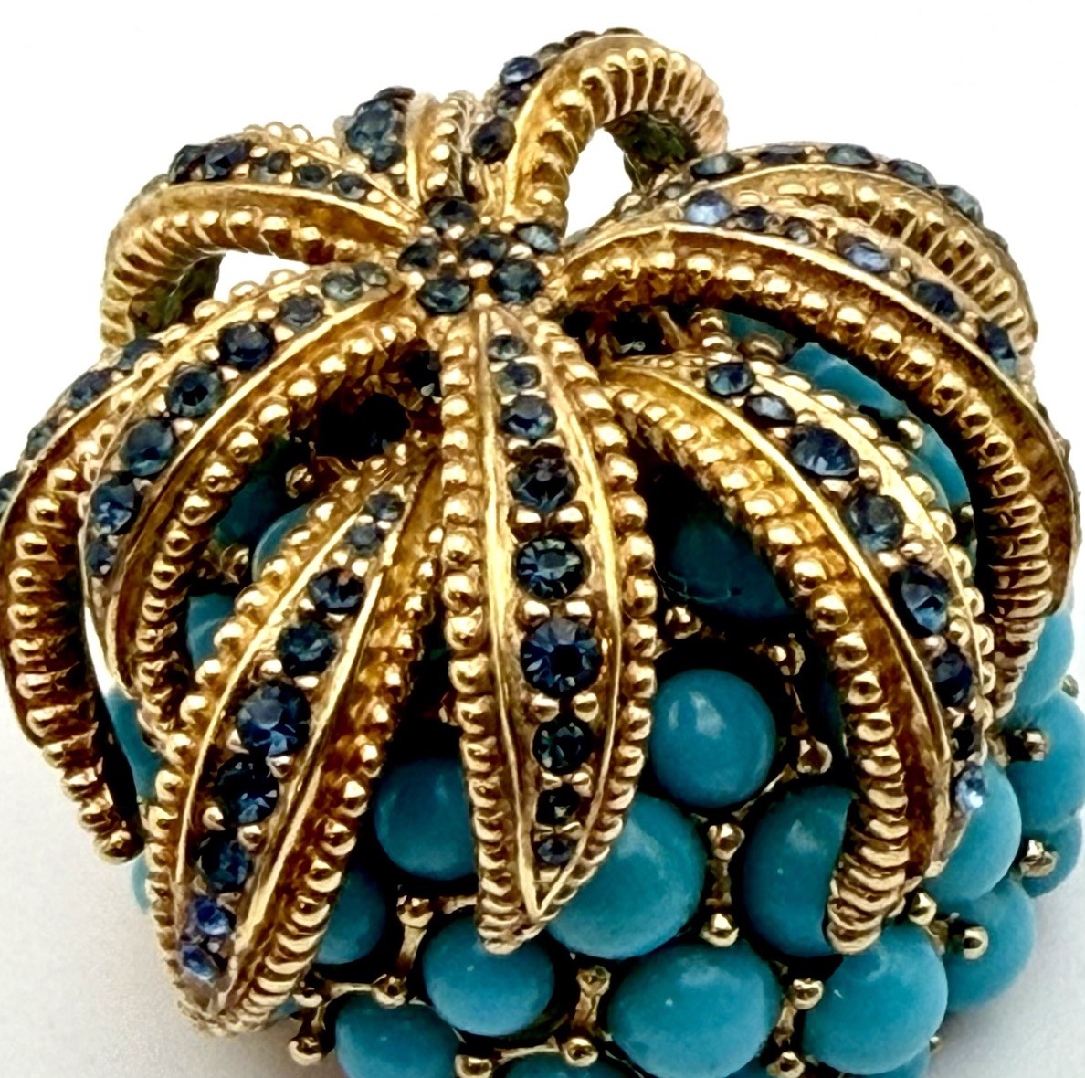 CINER Pineapple Brooch Faux Turquoise Cabochon Rhinestone Gold Tone Signed Vtg