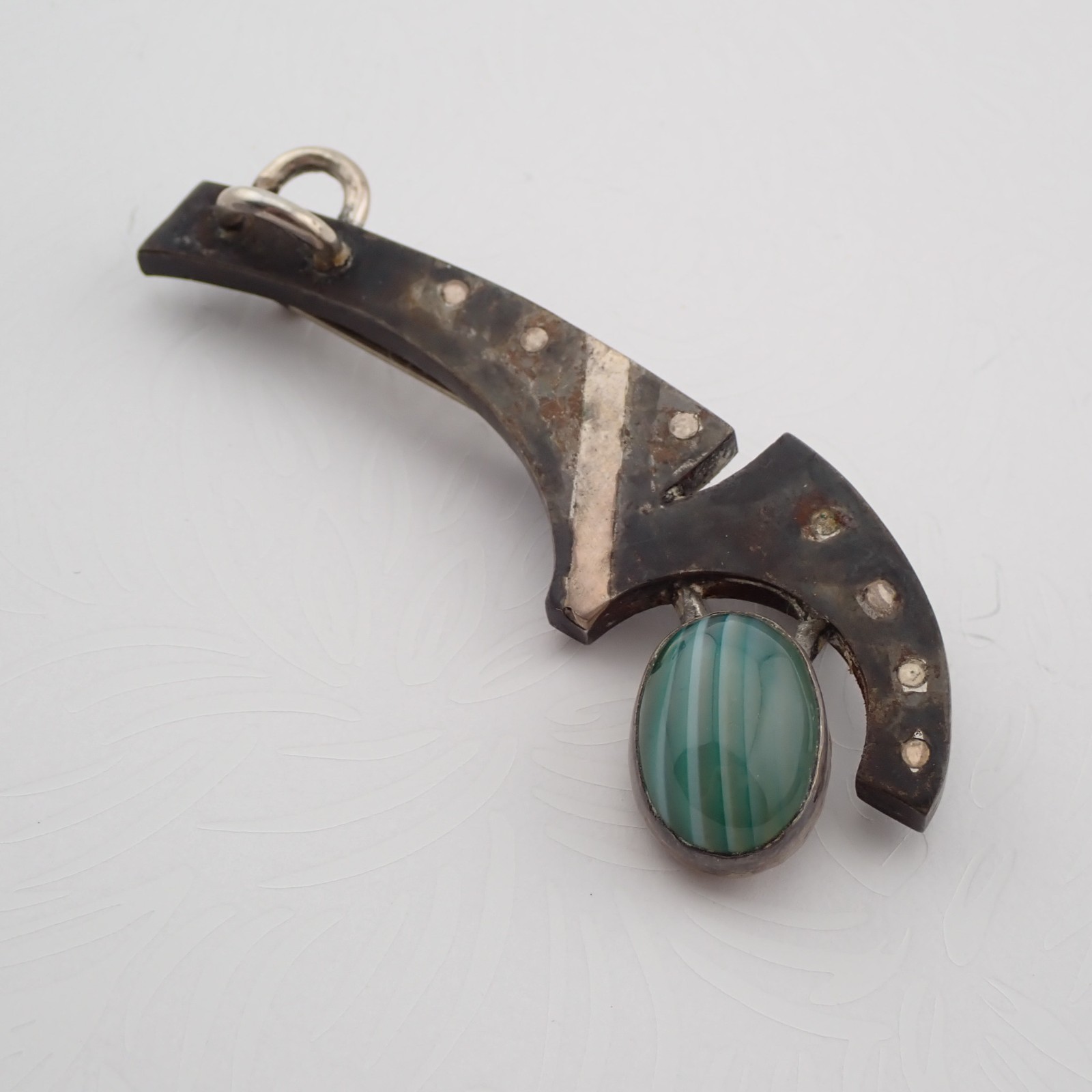 Brutalist Modern Abstract Green Banded Agate Silver Mixed Metal Pin Pendant MR