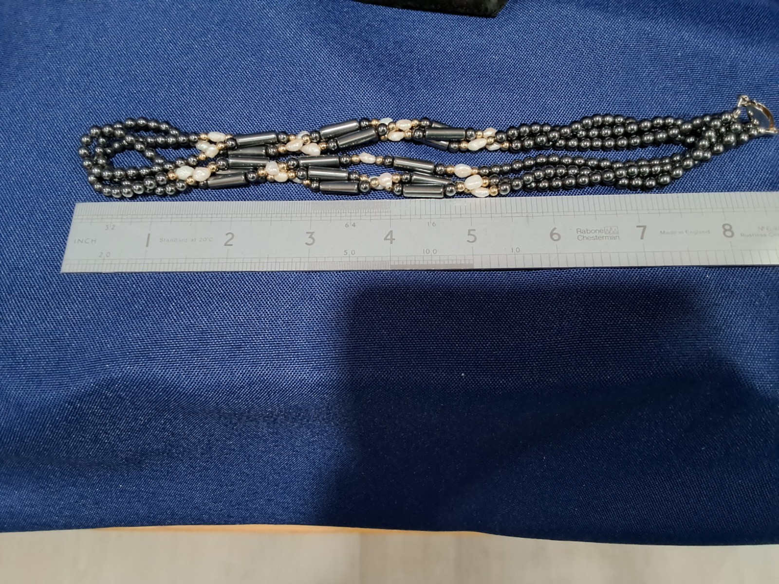 Obsidian Bead three strand necklace with Freshwater Pearls & goldtone Beads 18″