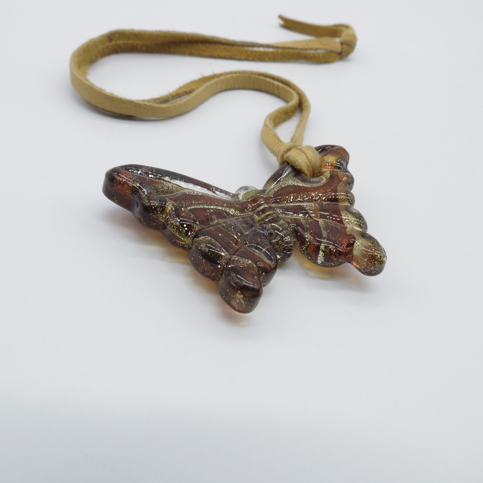 Art Glass Butterfly Pendant Necklace Brown Yellow Gold Foiled Glass 22″