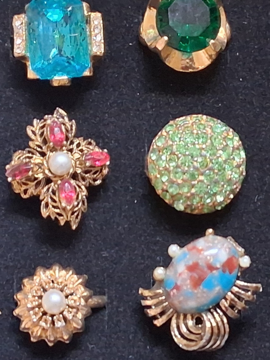 Lot (12) VTG Costume Cocktail Cluster Glamour Bling adjustable rings Mid Century