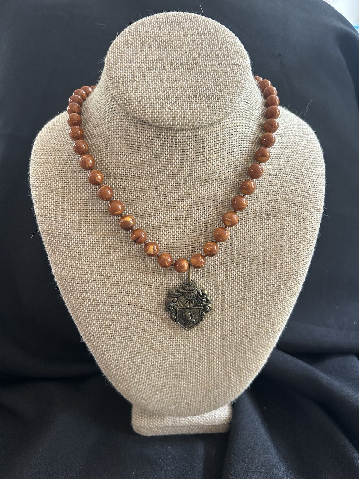 Vintage Boho Beaded Statement Necklace Ornate Heraldic Shield Crest Pendant