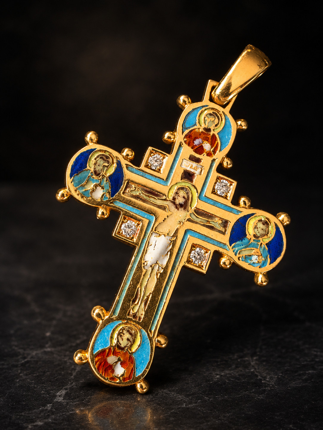 Antique Byzantine Revival Cross Pendant 18K Gold Enamel 4 Diamond Rare Religious