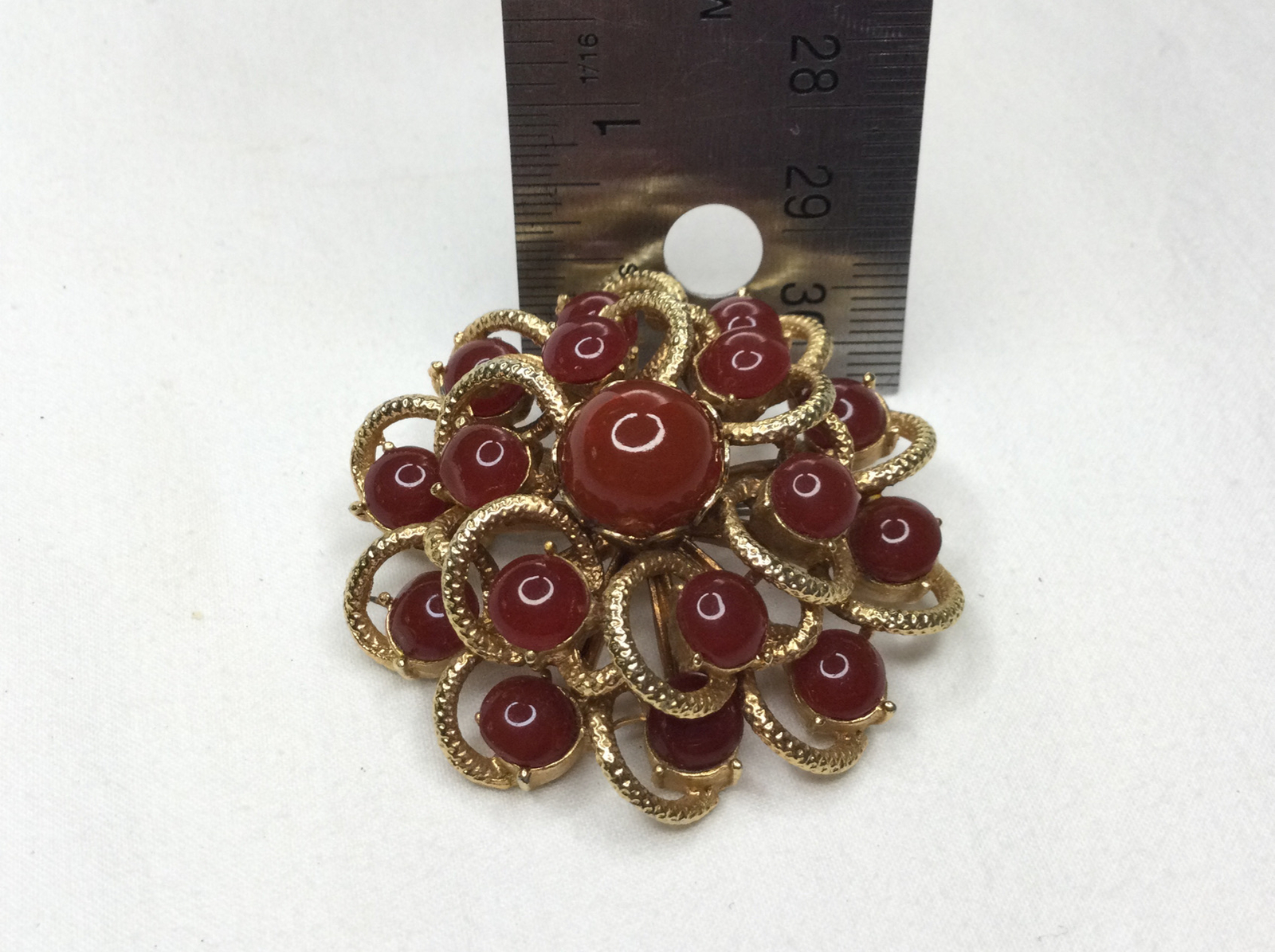 Vintage Sunburst Flower Swirl Brooch Pin Carnelian Goldtone 2” Multi Stone Retro