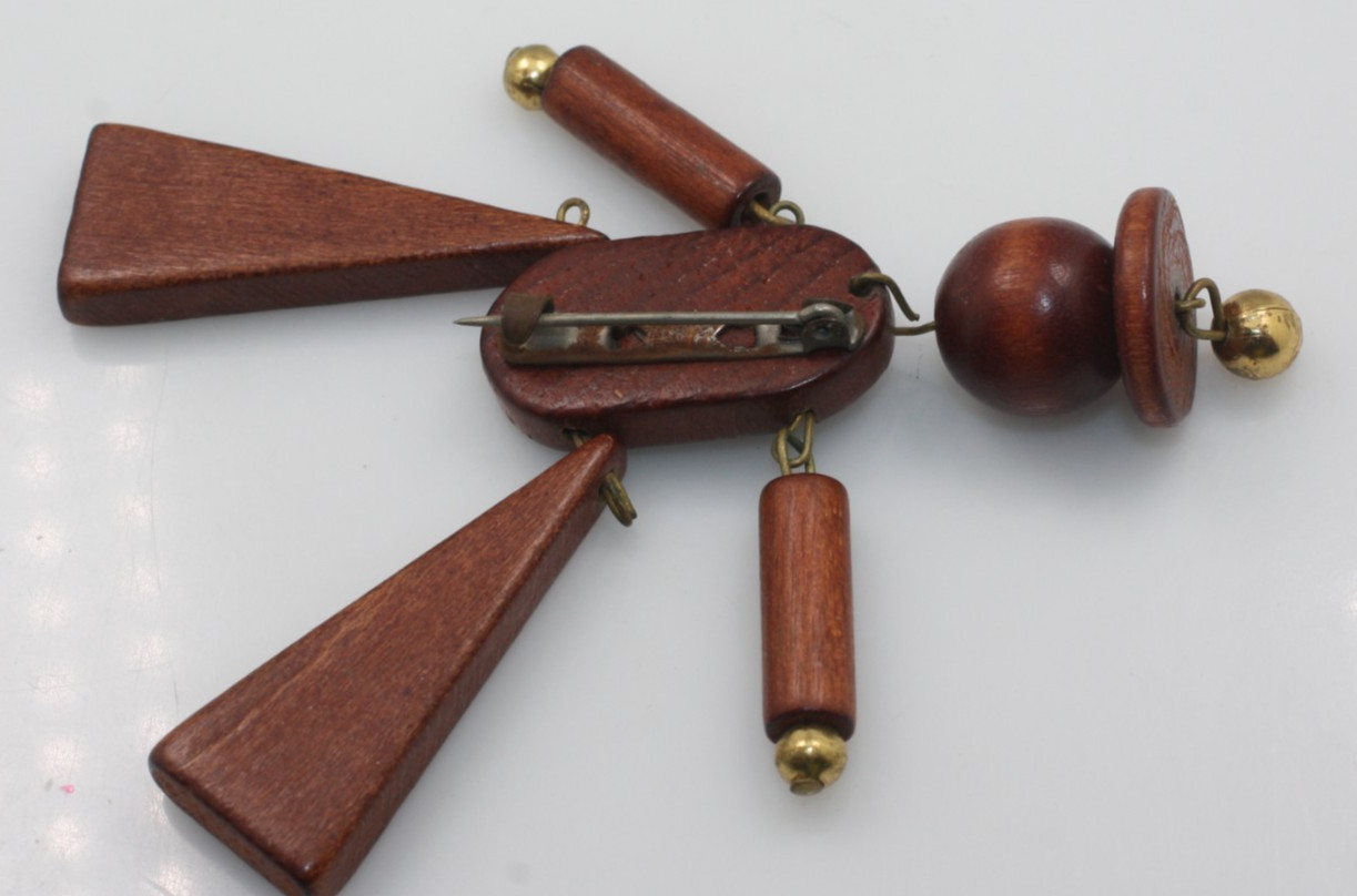 Vintage Wood Wooden Jointed figural man person brass bead Pin Brooch
