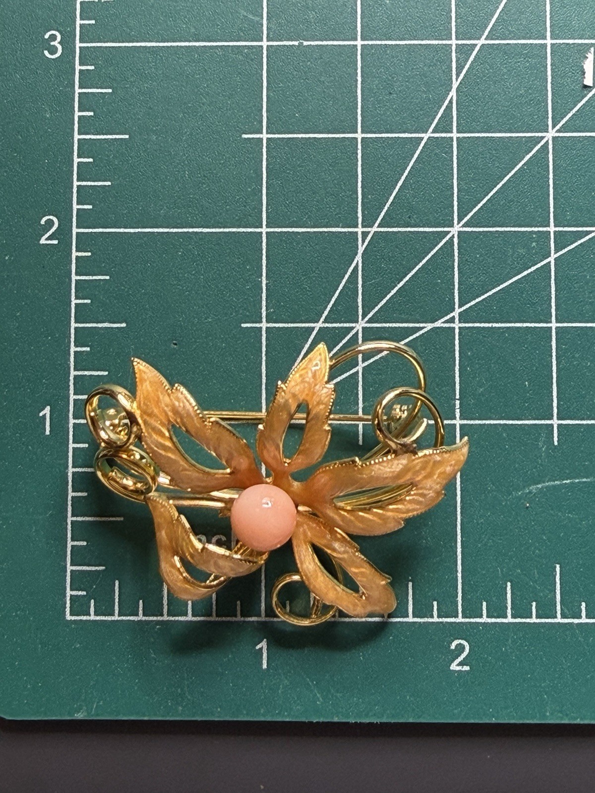Vintage Coral Orchid Flower BROOCH Pin Champagne Enamel Gold Finish Peach